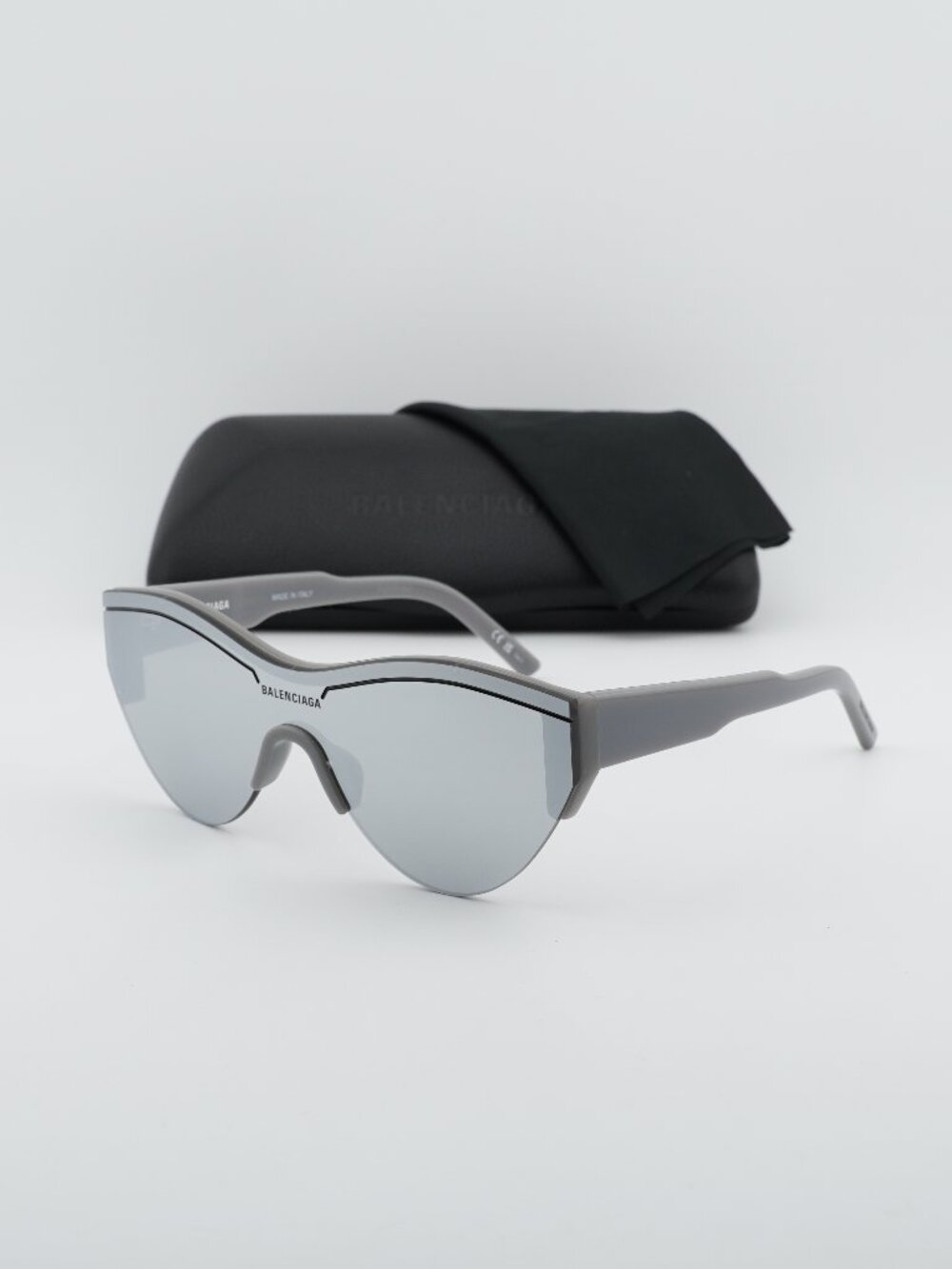 Balenciaga BB0004S 012 Shield Semi Rim Sunglasses - Grey / Silver Mirror